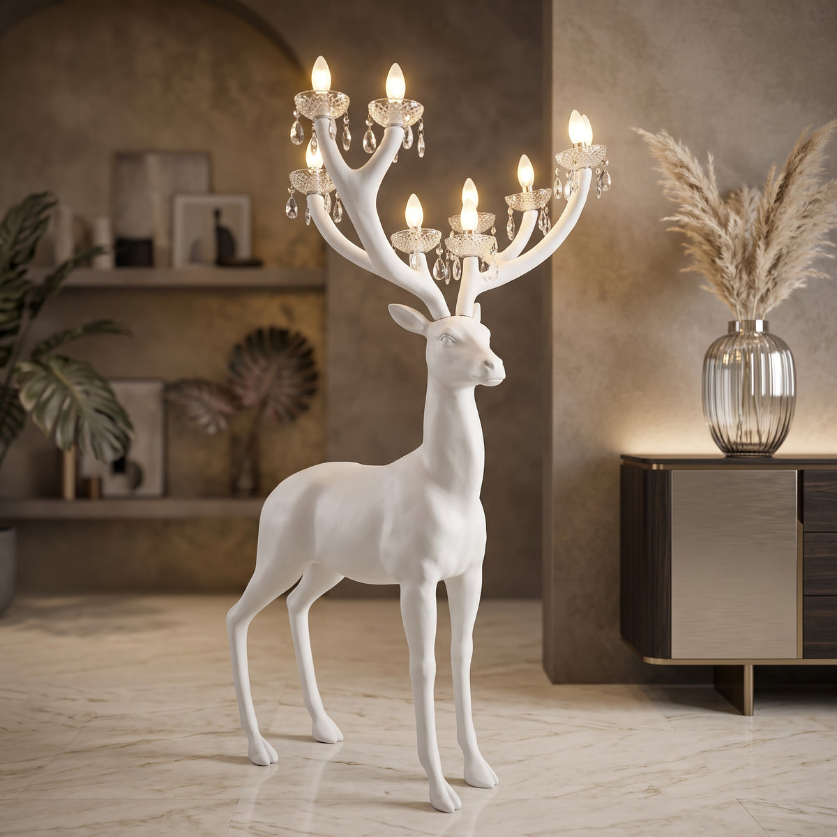 White Resin Deer Antler Floor Lamp — Large Luxury Sculpture for Living Room & Hotel Lobby