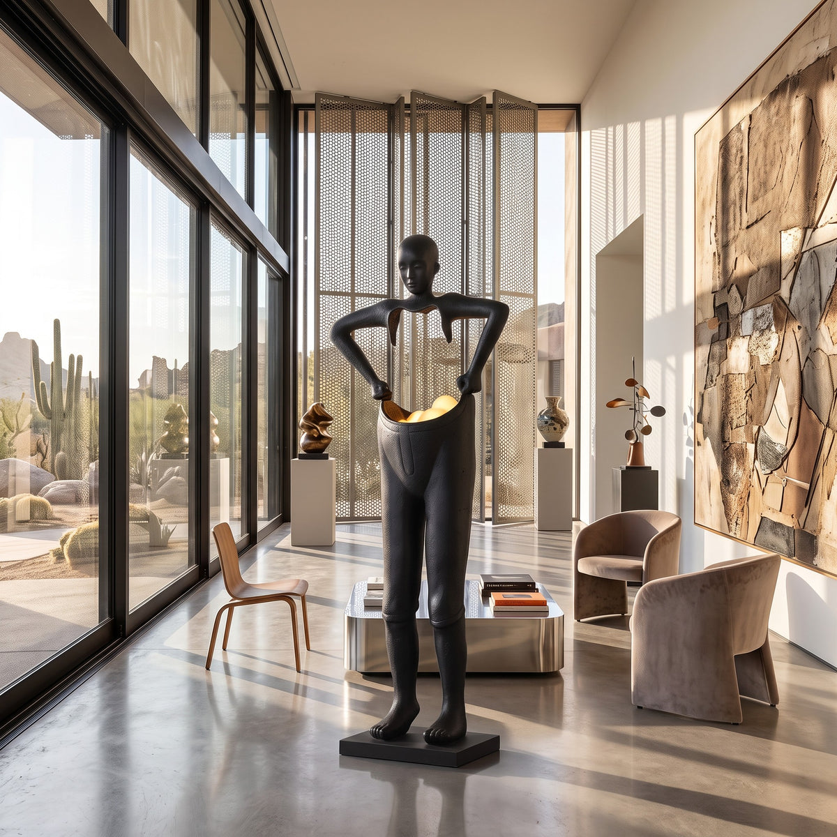 Modern art sculpture, portrait trousers, window floor-to-ceiling abstract sculpture ornaments
