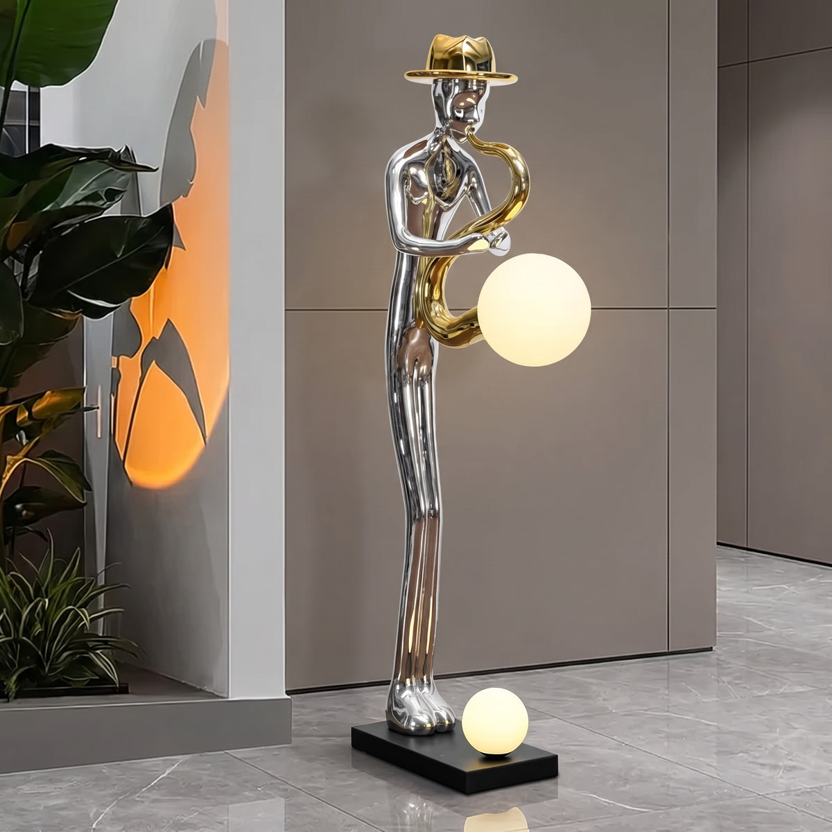 Modern Luxury Resin Saxophone Player LED Floor Lamp / Abstract Humanoid Sculpture