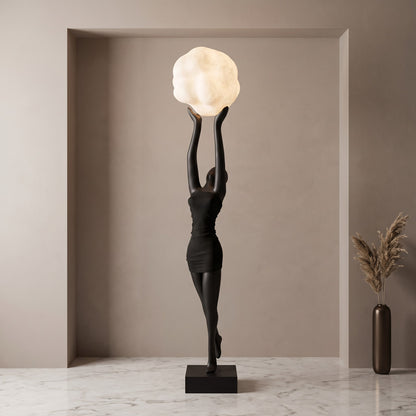 Creative resin figurine of a woman holding a cloud-like lamp, perfect for modern home decor