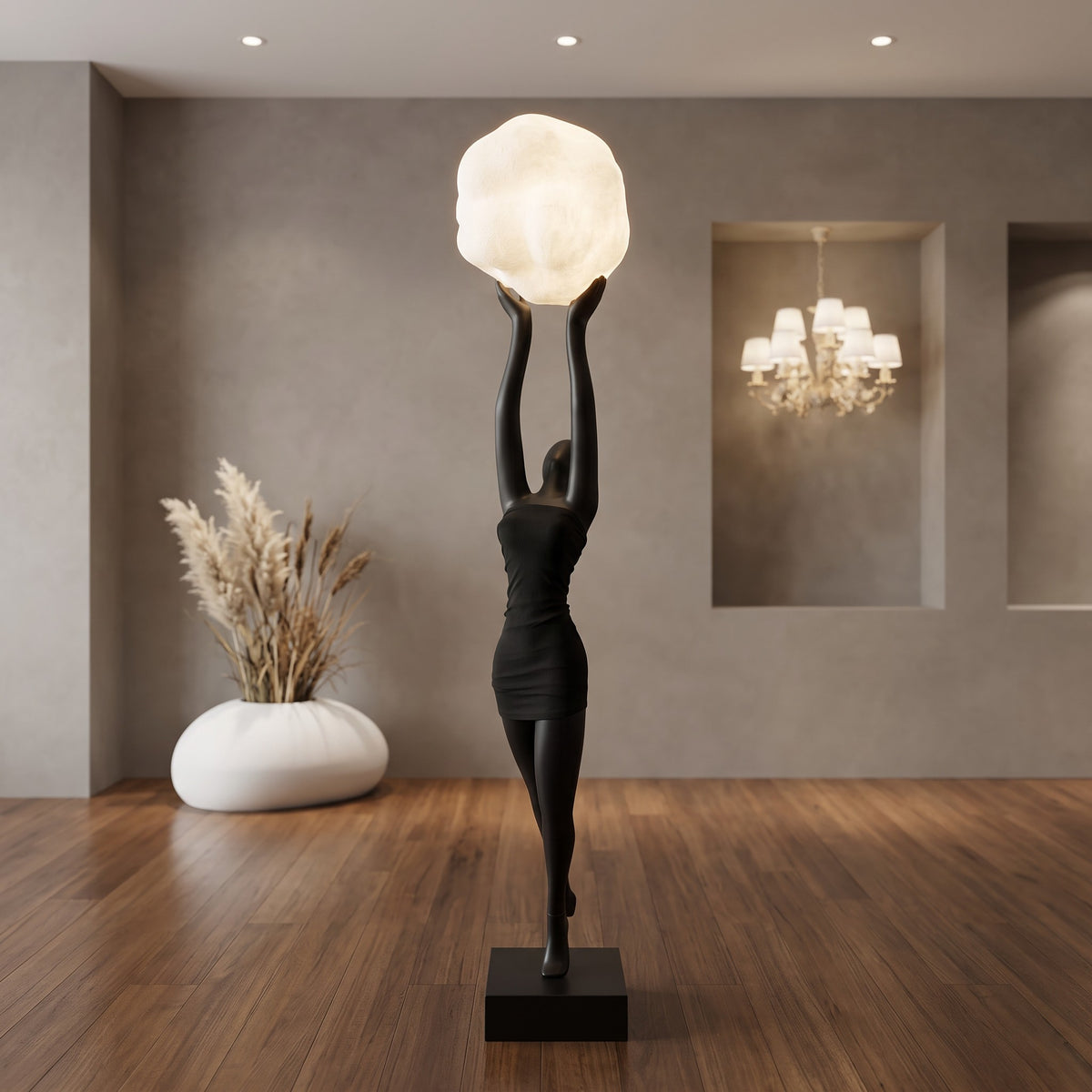 Creative resin figurine of a woman holding a cloud-like lamp, perfect for modern home decor