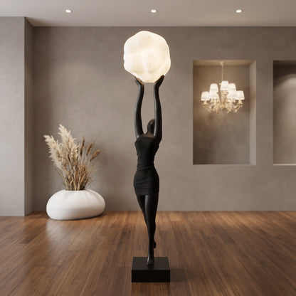 Creative resin figurine of a woman holding a cloud-like lamp, perfect for modern home decor