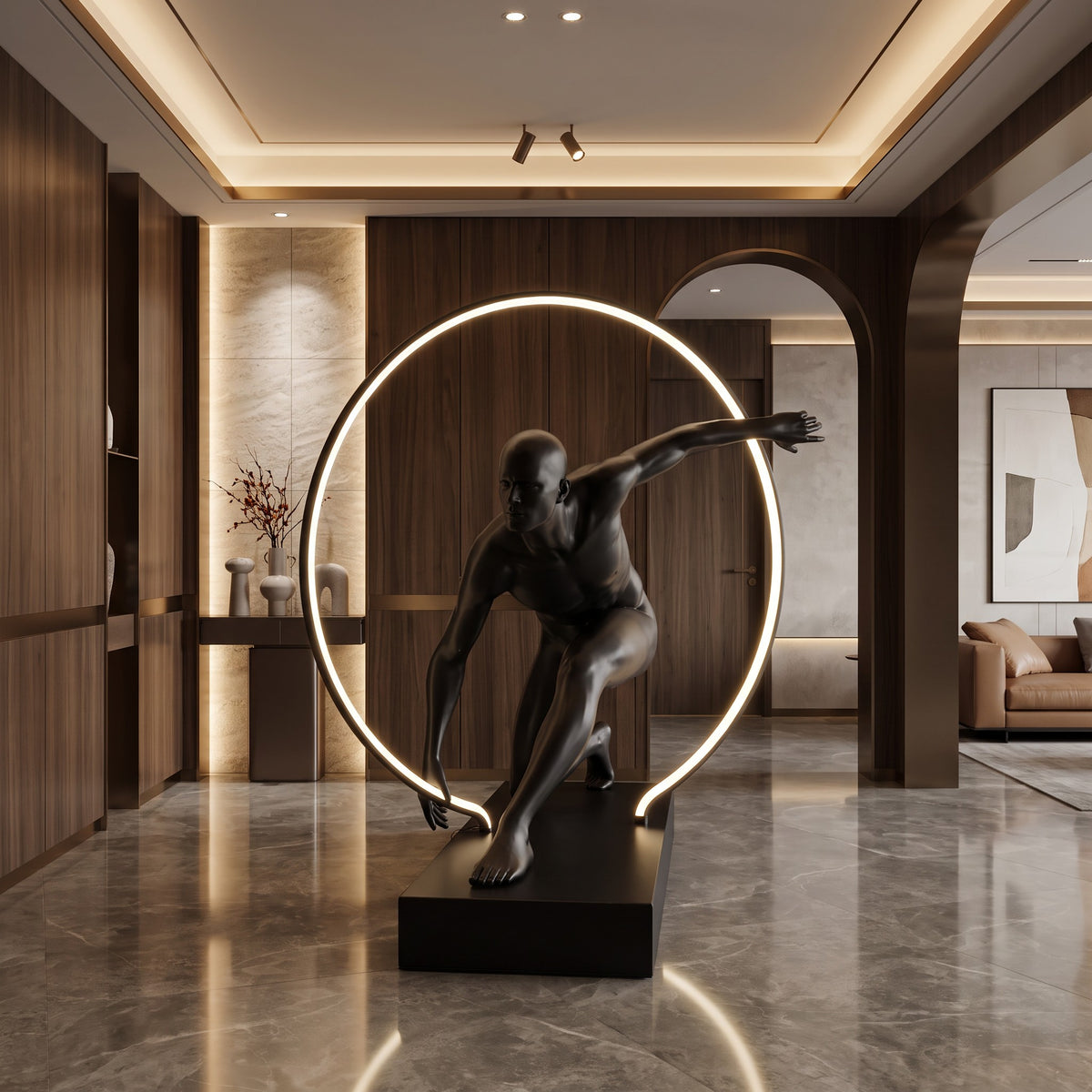 Athlete in Motion — Large Resin Runner Sculpture with LED Ring Light