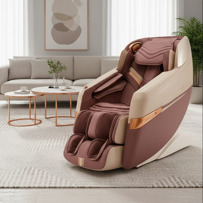 Firmly Group Uae IREST A202-7 豪华按摩椅，采用深红色与米色双色设计，放置在现代简约风格的客厅中。