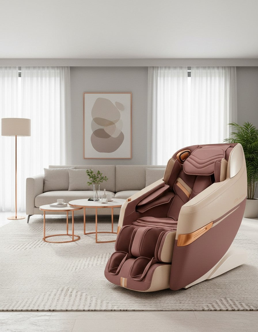 Firmly Group Uae IREST A202-7 豪华按摩椅，采用深红色与米色双色设计，放置在现代简约风格的客厅中。